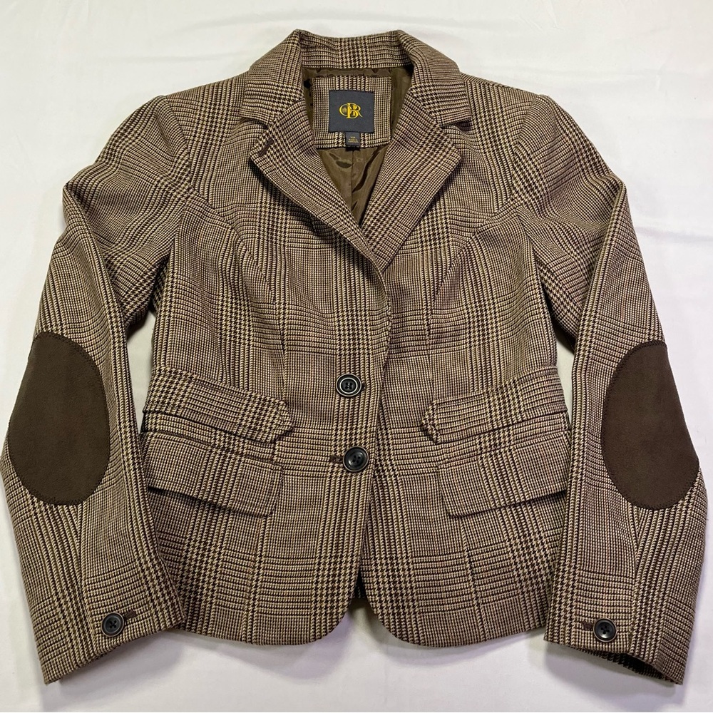 OBR by THE Limited Brown Tan Houndstooth Plaid Blazer Elbow Patches - XS